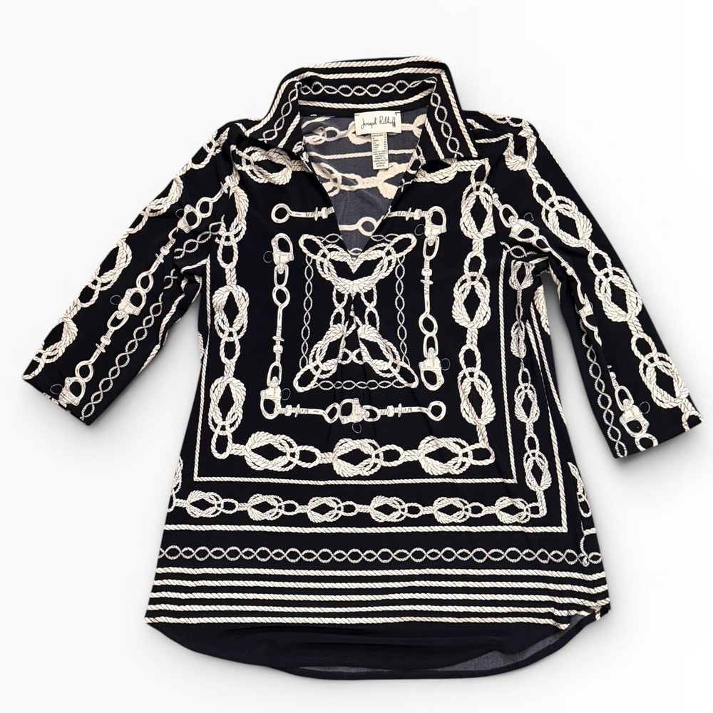 Joseph Ribkoff Nautical Rope Chain Print V-Neck Top Black White Lightweight SZ 8